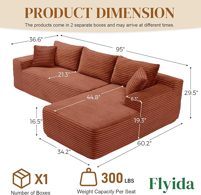 95" Boneless Cloud Sectional Couches for Living Room, Comfy Fluffy L Shaped Memory Foam Deep Seat Boneless Couch, Modular Sectional Sofa with Right Facing Chaise, Orange