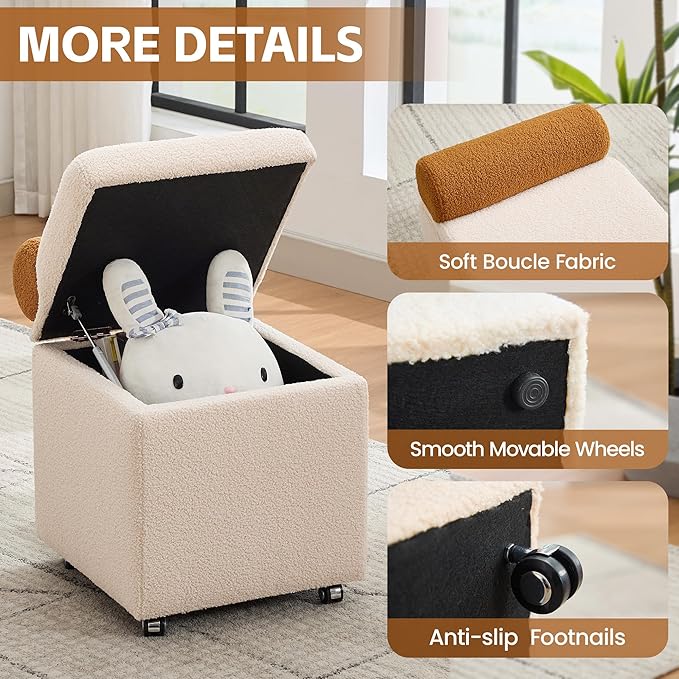 Boucle Vanity Chair with Storage, Swivel Vanity Stool with Safety Hinge, Upholstered Makeup Chair with Wheels, Square Ottoman Stool for Living Room, Dressing, Bedroom, Beige