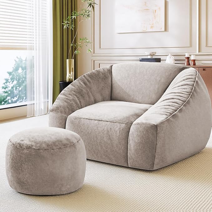 Bean Bag Chairs with Ottoman for Adults, Comfy Beanbag Chair with High-Resilience Foam, Oversized Bean Bag Sofa with Soft Faux Fur Fabric, Bean Bag Chair for Living Room,Bedroom,Khaki
