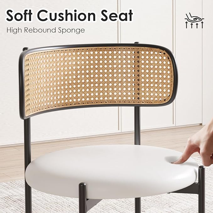 Farini Dining Chairs Set of 2, PU Leather Upholstered Seat with Woven Rattan Back, Sturdy Metal Legs Modern Side Chairs for Kitchen Living Room Restaurant, Beige