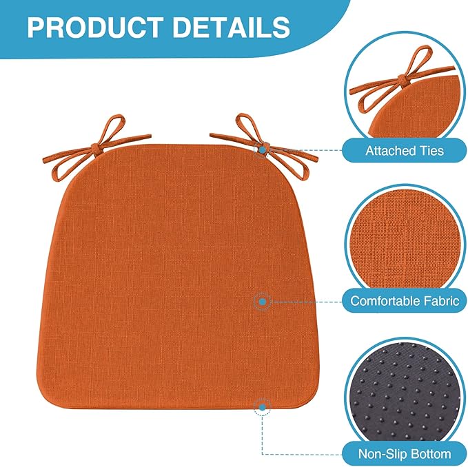 Chair Cushions for Dining Chairs Set of 6, Non Slip Kitchen Chair Pads, 17" x 16" x 2", Indoor Dining Chair Cushions with Ties, D-Shaped Seat Cushions for Kitchen Chairs, Orange