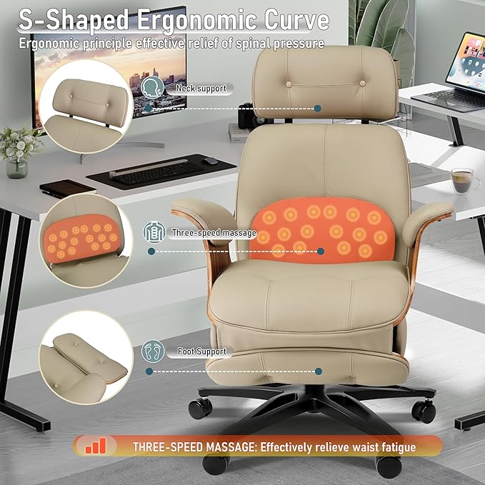 Genuine Leather Office Chair with Electric Reclining, Footrest, Lifting and Massage Function, 350lbs Capacity Ergonomic Executive Chair with Alu Base and 360° Wheels for Home Living Room