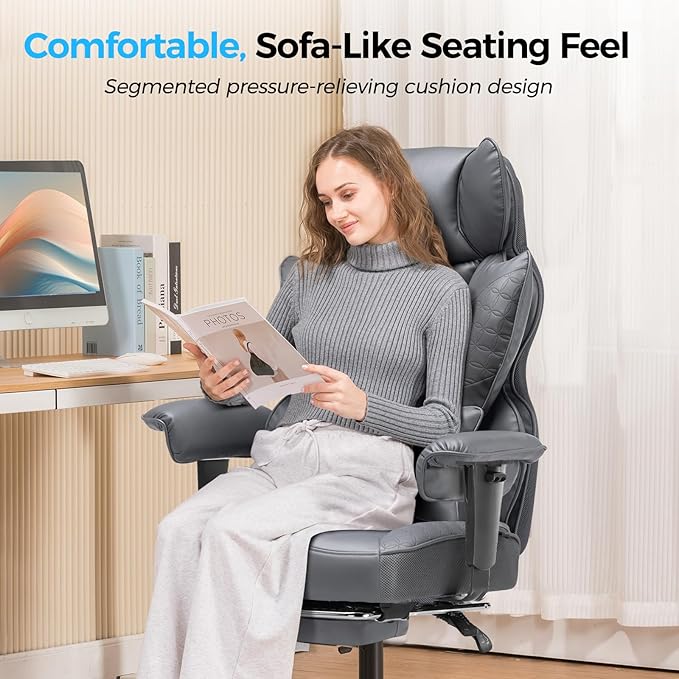 COMHOMA Desk Office Chair 400LBS Big and Tall Office Chair Ergonomic Gaming Chair with Wide Seat Leather High Back Chair with Foot Rest Adjustable Armrests Pocket Spring Lumbar Support