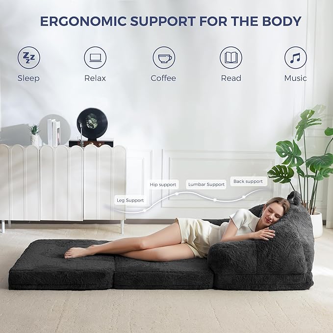 MAXYOYO Folding Sofa Bed, 2 in 1 Convertible Sofa to Lounger Comfy Single Bean Bag Chair for Adults, Floor Sleeper Couch with Handle, Faux Fur Couch Bed for Living Room Bedroom, Black