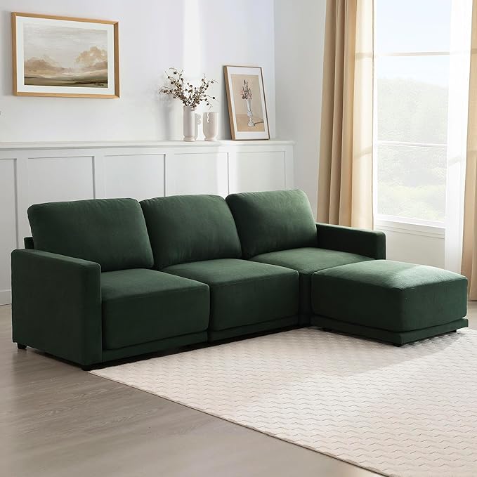 CAPCAPA 112" Modular Sectional Couches for Living Room, L-Shaped Modern Sofa with Ottoman, 4-Piece Chenille Sofa Set for Home Furniture, Dark Green