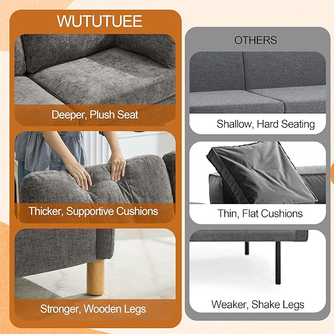 WUTUTUEE 65" Chenille Modern Loveseat Sofa, Upholstered 2-Seater Love Seat Couch with Armrest Pillows, Storage Pockets, Easy Assembly, Tufted Loveseat Couches for Living Room Bedroom, Light Grey