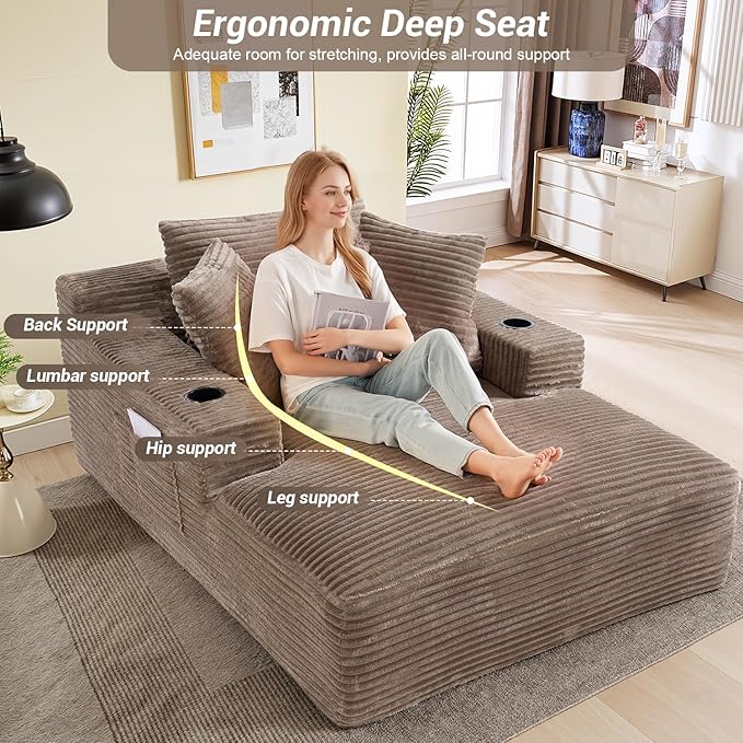 50"W x 68"D Oversized Chaise Lounge Chair Indoor Boneless Reading Chair Plush Corduroy Recliner with Cup Holders Large Deep Seat Comfy Sofa Bed Couch with 3 Pillows for Living Room Bedroom, Camel
