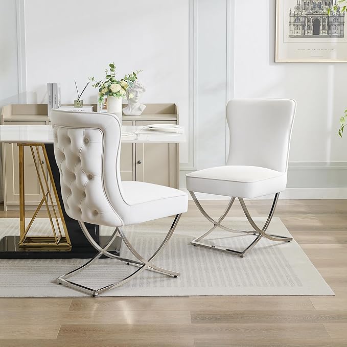WUTUTUEE Luxury Velvet Dining Chairs, Tufted Upholstered Armless Accent Chairs with Silver Metal X-Legs, Modern Glam Dining Room Chair Set of 2, Beige