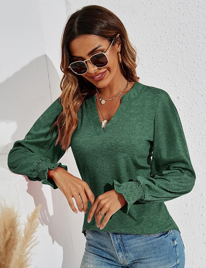 Romanstii Women's Casual V-Neck T-Shirts Loose Puff Long Sleeve Tops Tunic Blouses