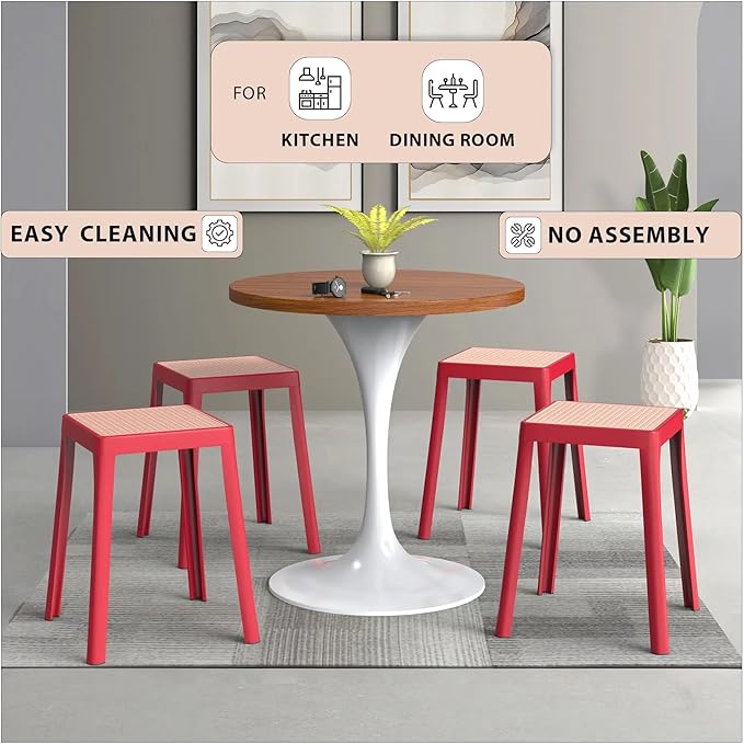 LeisureMod Tresse Mid-Century Modern Square Plastic Dining Stool Set of 2, Stackable Accent Stools with Breathable Seat, Lightweight Seating for Kitchen, Dining Room, Bedroom, or Entryway (Pink)