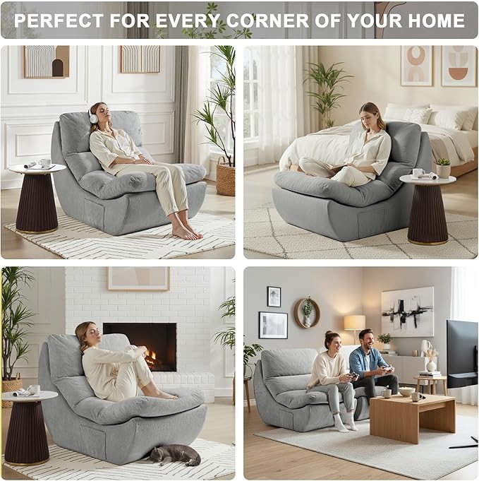 Set of 2 Giant Bean Bag Chairs for Adults, Boneless Lounge Chair, Togo Sofa, Fireside Chair, Anti Cat Scratch Fabric with Machine Washable, Single Sofa for Bedroom, Living Room, Reading Corner (Grey)