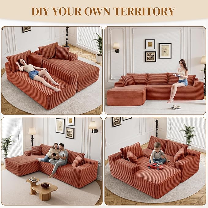 95" Boneless Cloud Sectional Couches for Living Room, Comfy Fluffy L Shaped Memory Foam Deep Seat Boneless Couch, Modular Sectional Sofa with Left Facing Chaise, Orange