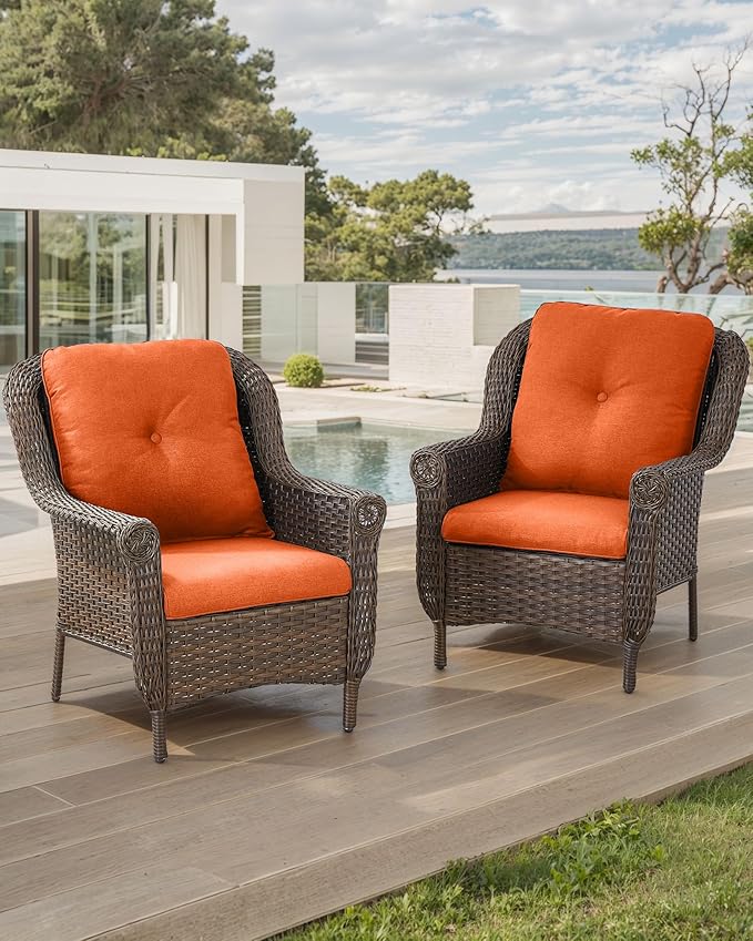 ACTREST Patio Wicker Chairs Outdoor Furniture Chair - Set of 2 Outside All Weather Lawn Dining Brown Rattan Armchair with High Back&Deep Seating for Deck Porch Balcony Backyard Garden - Orange