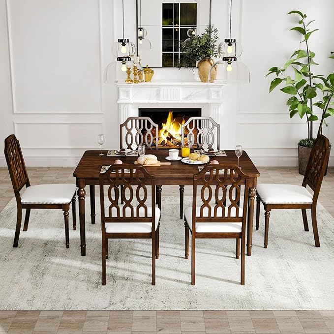 chairus Farmhouse Dining Chairs Set of 2, French Country Vintage Wooden Dining Room Chairs with Lattice Back & Turned Legs, Rustic Chenille Upholstered Nailhead Trim Side Kitchen Chairs, Walnut Brown