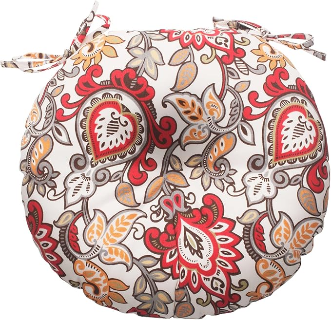 Magpie Fabrics Outdoor Round Bistro Seat Cushions with Ties, 15"x15"x4" Set of 2, Tufted Waterproof Barstool Chair Pads for Patio Home Garden Office, Floral Red Orange