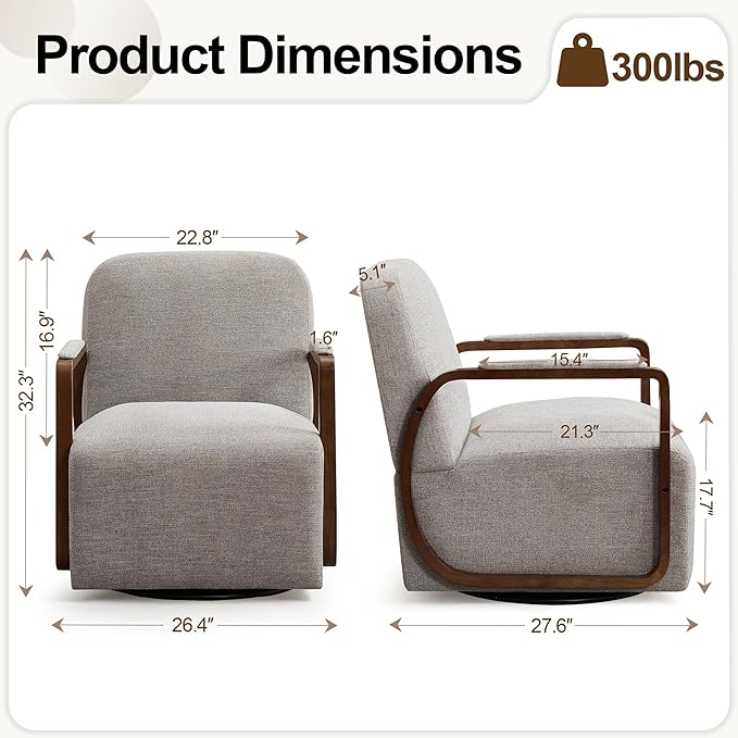 CACFTII 32" Chenille Upholstered Swivel Accent Chairs Set of 2, 360° Rotating Metal Base Modern Lounge Chair with Wooden Armrests for Living Room Bedroom, Brown