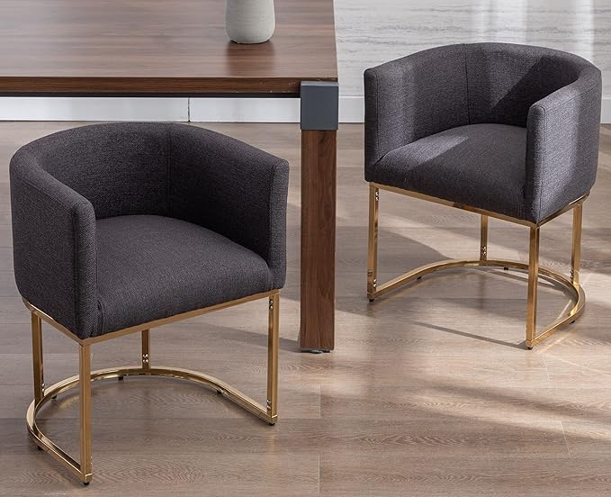 VESCASA Linen Upholstered Dining Chairs with Barrel Back, Mid Century Modern Padded Restaurant Chairs with Gold Metal Frame for Kitchen, Dining Room, Set of 6, Charcoal