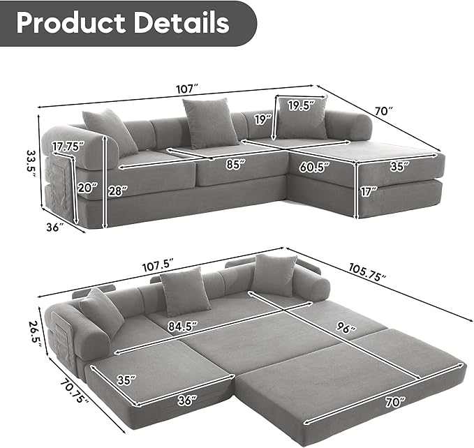 L Shaped Convertible Modular Sofa Bed with Cylindrical Pillow & Reversible Chaise, Corduroy Folding Floor Sofa Couch Bed with Fixed-Shape Frame & Storage Pocket for Living Room, Grey