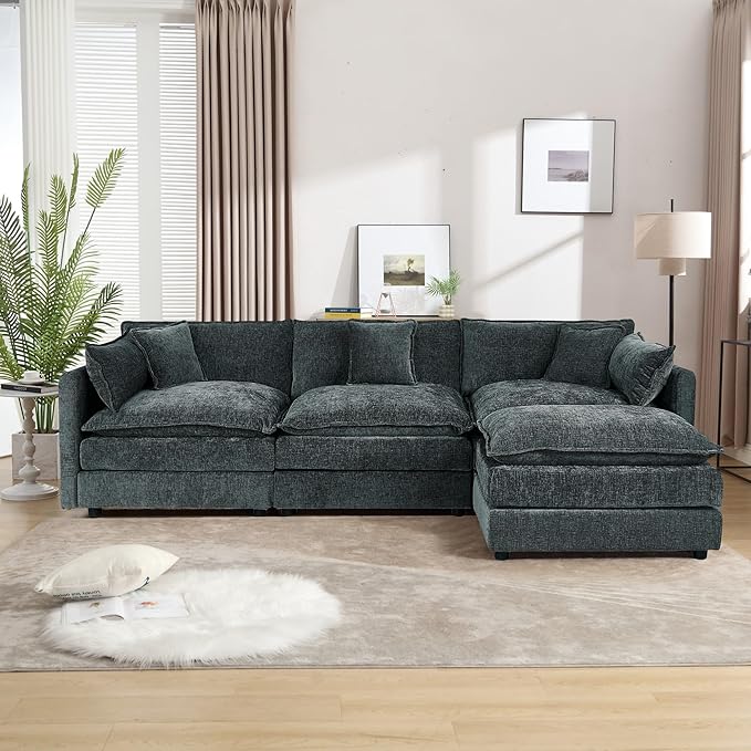 Aoowow Modular Sectional Sofa Modern Convertible L Shaped Couch,112.2 Inch Deep 3-Seater Sofas Set Comfy Chenille Cloud Sofas and Couches with Movable Ottoman for Living Room Apartment（Grey）