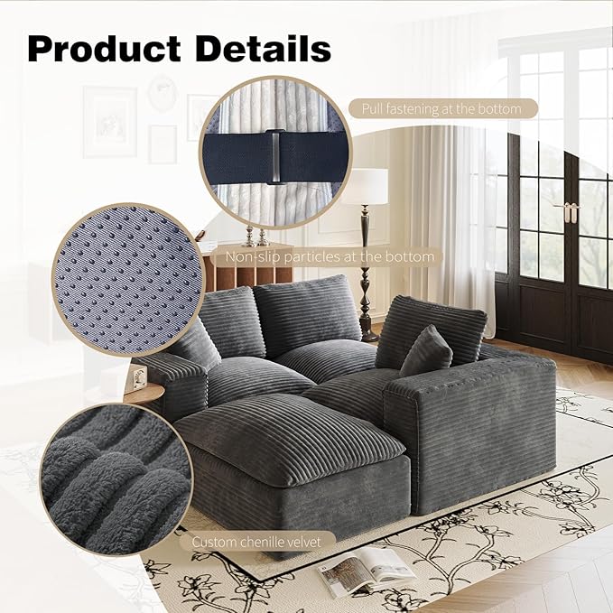 ZIGHTH 108" Plush Corduroy L Shaped Sectional Cloud Sofa Couch with Ottoman, Soft Deep Seat Modular Sectional Couches for Living Room,No Assembly. Grey