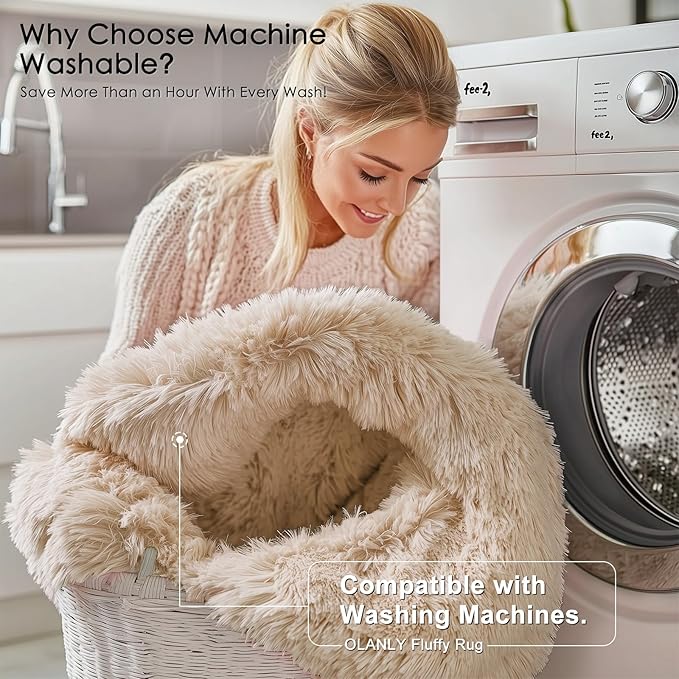 OLANLY Beige Round Rugs for Bedroom - Machine Washable, 8 ft Circle Area Rugs for Living Room, Soft and Fluffy Shaggy Carpet for Teen Girls and Boys, Nursery Rooms, Dorms, Home Decor Aesthetic