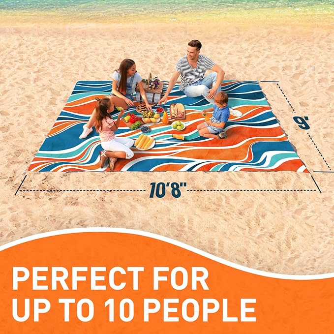 Everlasting Comfort Large Beach Blanket Waterproof & Sandproof - 128” x 108” /10.7ft x 9ft - Lightweight Picnic Mat, Camping Necessities for 10 People - Accessories for Outdoor Festivals - Orange