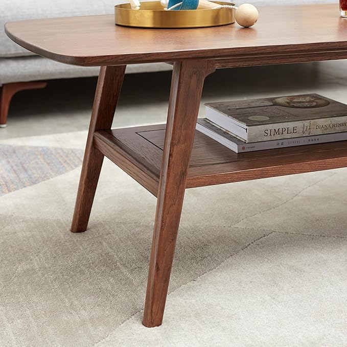HanStrong 47.24" Center Coffee Table 100% Solid Wood Top Plate Desk Study Desk Work from Home with Storage Shelf,Walnut