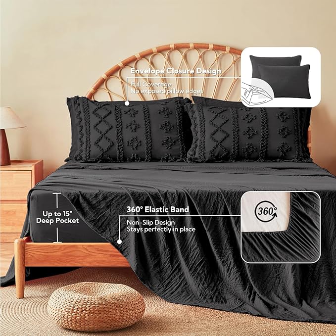 MR&HM Boho Queen Comforter Set, Black Tufted Boho Bedding Set, Bed in a Bag Set 7 Pieces with 1 Comforter, 2 Pillow Shams, 2 Pillowcases, 1 Flat Sheet, 1 Fitted Sheet for All Seasons