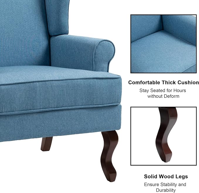 DREAMSIDEA Accent Chair, High Back Upholstered Armchair with High Resilience Sponge & Wood Legs, Mid-Century Modern Comfy Single Sofa Reading Chairs for Living Room, Bedroom (Blue, Set of 1)