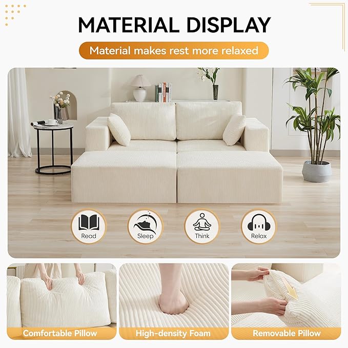 83'' Boneless Loveseat Sofa, Comfy Deep Seat Cloud Couch with 2 Moveable Ottoman, No Assembly Corduroy Love Seat for Living Room, Beige