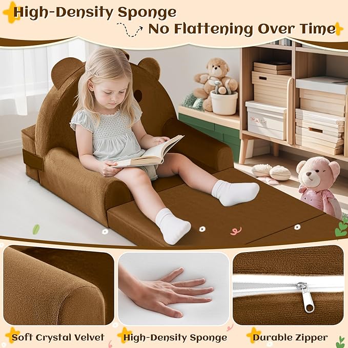 ORWIPO Kids Sofa Bed with Removable Washable Cover & Magic-Tape Backrest – Foldable Toddler Chair, Cozy Crystal Velvet Furniture for Playtime, Naps & Travel (Soft Brown, Bear Design)