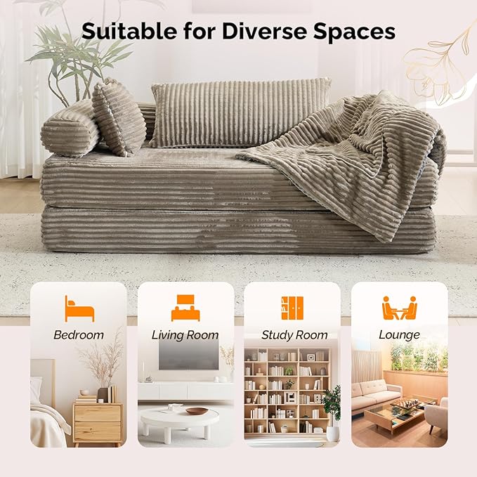 VINGLI Convertible Futon Sofa Bed, Upholstered Corduroy Boneless Couch King Size Floor Loveseat Sleeper Sofa with 2-in-1 Throw Pillow, Couches for Living Room, Bedroom, Lounge, Gray