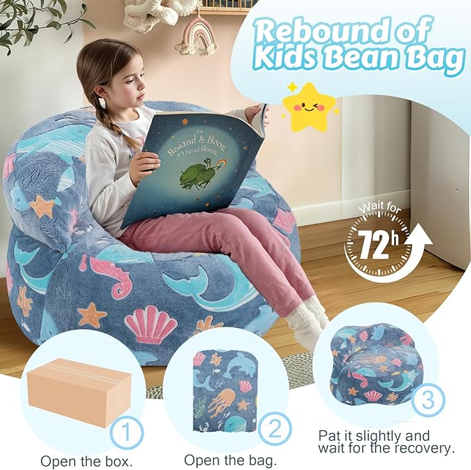 COMAX Bean Bag Chair for Kids, Dinosaur Convertible Toddler Beanbag Bed, Children Bean Chair Stuffed to Floor Mattress with Filler, Ocean Life