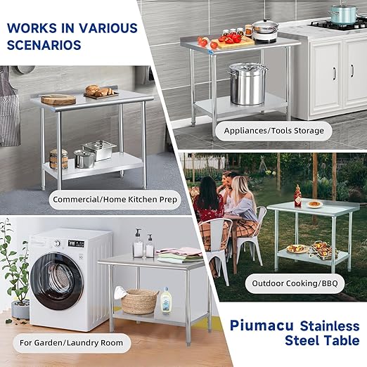 PIUMACU Stainless Steel Table with Wheels, Stainless Table for Prep & Work, 24x30x35 Inch Commercial NSF Metal Table for Restaurant Kitchen Hotel Garage