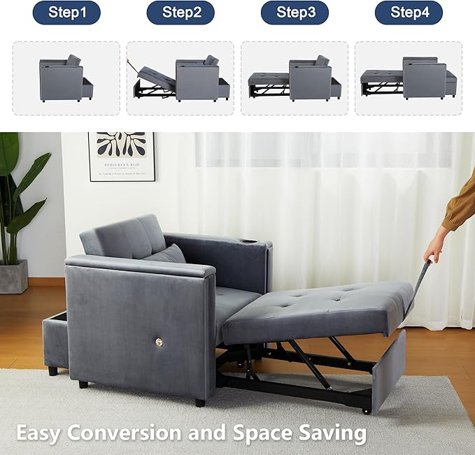 Velvet Convertible Chair Bed, 3 in 1 Multi-Functional Lounge Chair Sleeper, Pull Out Couch Guest Bed with Hidden Table and Adjustable Backrest for Living Room Small Space Apartment (Gray)