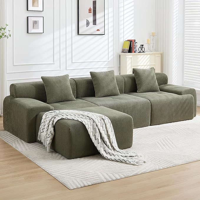 118" Modern L-Shaped Modular Sectional Sofa, Boneless Couches for Living Room, Corduroy Upholstered Sofa with Deep Seat, Oversized 3-Seater Cloud Sectional Couch,No Assembly, Green