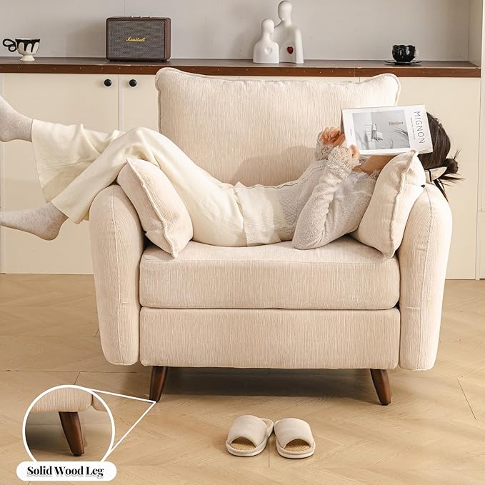 Oversized Accent Chair with Seats Storage,Comfy Living Room Chairs with 2 Throw Pillow,Upholstered Mid-Century Armchair,24.5'' Deep Seat,Reading Chair for Bedroom,Office,Chenille,Cream