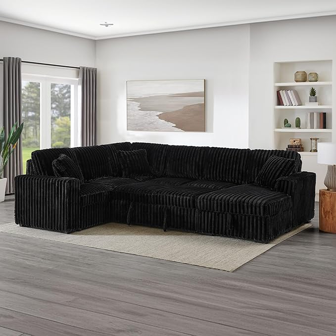 Olodumare Oversized Convertible Sectional Sofa Bed for Living Room, Modern 122’’ Corduroy Upholstered U-Shaped Couch with Right Chaise Hidden Storage & Pull-Out Bed, USB & Type-C Port, Polar Black