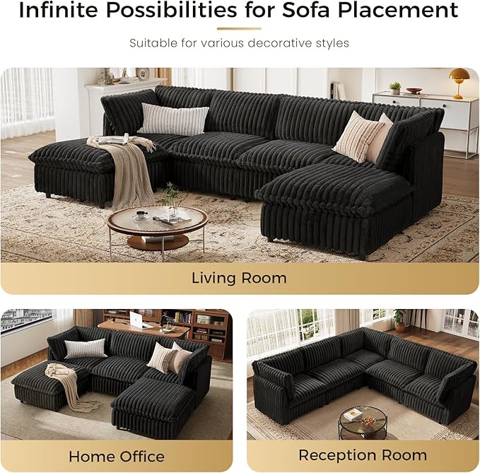KKL Modular Sectional Couch for Living Room, U Shaped Corduroy Couches with 2 Ottomans, 6 Seater Oversized Sofa Convertible to Sleeper, Soft Fabric Modern Sofa, Black