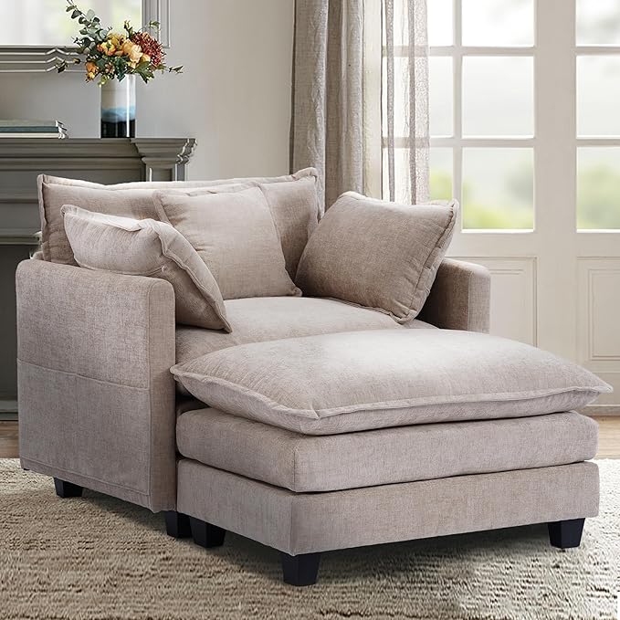 SweetGO corporation 40" Chenille Lounge Chair for Reading, Modern Couch Cozy Sofa Bed, Upholstered Living Room Single Sofa Accent Chair with Ottoman, Coffee