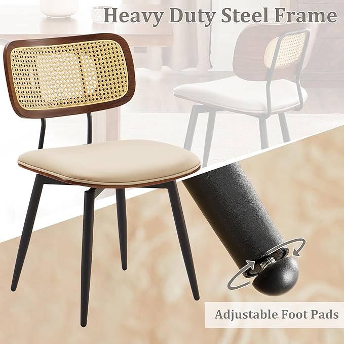 Quenvo Swivel Dining Chairs with Rattan Back, Rattan Leather Dining Chairs with Swivel Metal Legs, Mid-Century Modern Synthetic Leather Upholstered Kitchen Chair, Set of 2, Beige