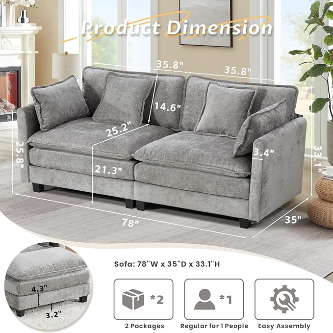 SoarFlash 77.95" Chenille Sectional Sofa, Comfy Modular Loveseat Sofa, Modern 2-Seat Couch Deep Seat Sofa Set for Living Room,Grey