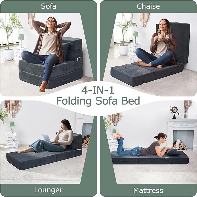 HILERO Folding Sofa Bed, 4 in 1 Convertible Sleeper Chair with Pillow, Single Memory Foam Fold Out Chair Bed, Modern Floor Futon Sofa Couch Mattress for Living Room/Guest/Apartment, Dark Grey