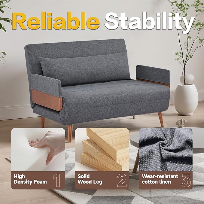 CITTANEO 45" Convertible Sleeper Chair, 3-in-1 Chair Bed Sleeper for Adults with 3-Position Adjustable Backrest, Pillow & Wooden Arms, Loveseat Sofa Bed for Small Space, Living Room, Gray