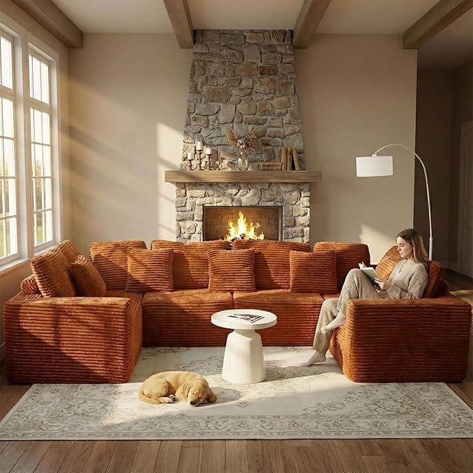 135.5" Cloud Sectional Couch,Boneless Corduroy Sofa for Living Room,Oversized U Shaped Sofa with Chaise,Deep Seat,No Assembly Required,Modular Sectional Sofa（Orange）