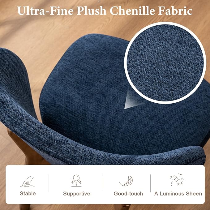YOUNUOKE Upholstered Dining Chair, Modern Chenille Fabric Dining Room Chair with Wood Legs, Widen Backrest Comfy Side Kitchen Chairs, Blue (Single Pack)