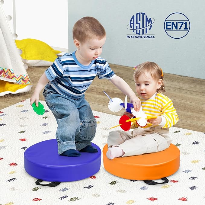 DORTALA 6 PCS Round Flexible Seating Floor Cushions, PU + EPE Portable Classroom Cushion w/Handles, Stackable Seating Cushions for Classroom, Daycare, Preschool (Red)