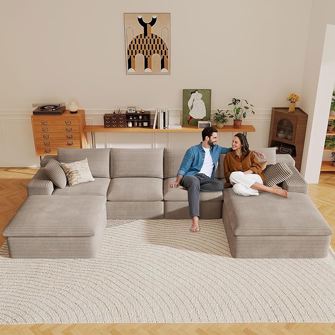 136" Cloud Sectional Couch with U-Shaped Chaise,Corduroy Viral Boneless Sofa with Ottoman,Memory Foam Couches in a Box with Deep Seat for Living Room,No Assembly Required (Camel,Right-Facing Chaise)
