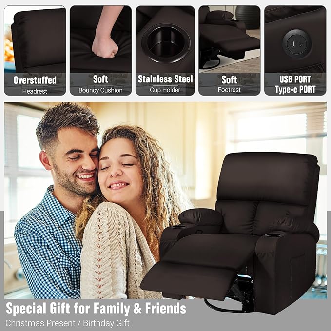 LAFWELL Rocking Recliner Chair, Massage Rocker Recliner Chair with Vibration Massage and Heat, USB and Type-C Ports,360° Swivel Faux Leather Chairs, Living Room, Bedroom, Nursery, RV, Brown