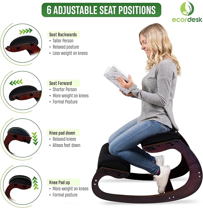 Ecordesk Ergonomic Kneeling Chair - Natural Latex Foam - Posture Chair for Desk with Adjustable Seat & Knee Pad, Rocking Knee Chair for Upright Posture (Walnut)